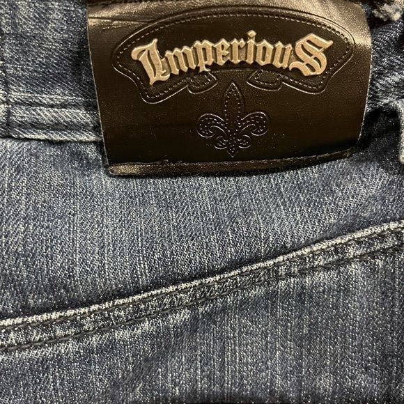 DELF TRADING INC. Imperious Faux Leather Studded Denim Jeans 34X34 Rocker Grunge - Picture 4 of 12